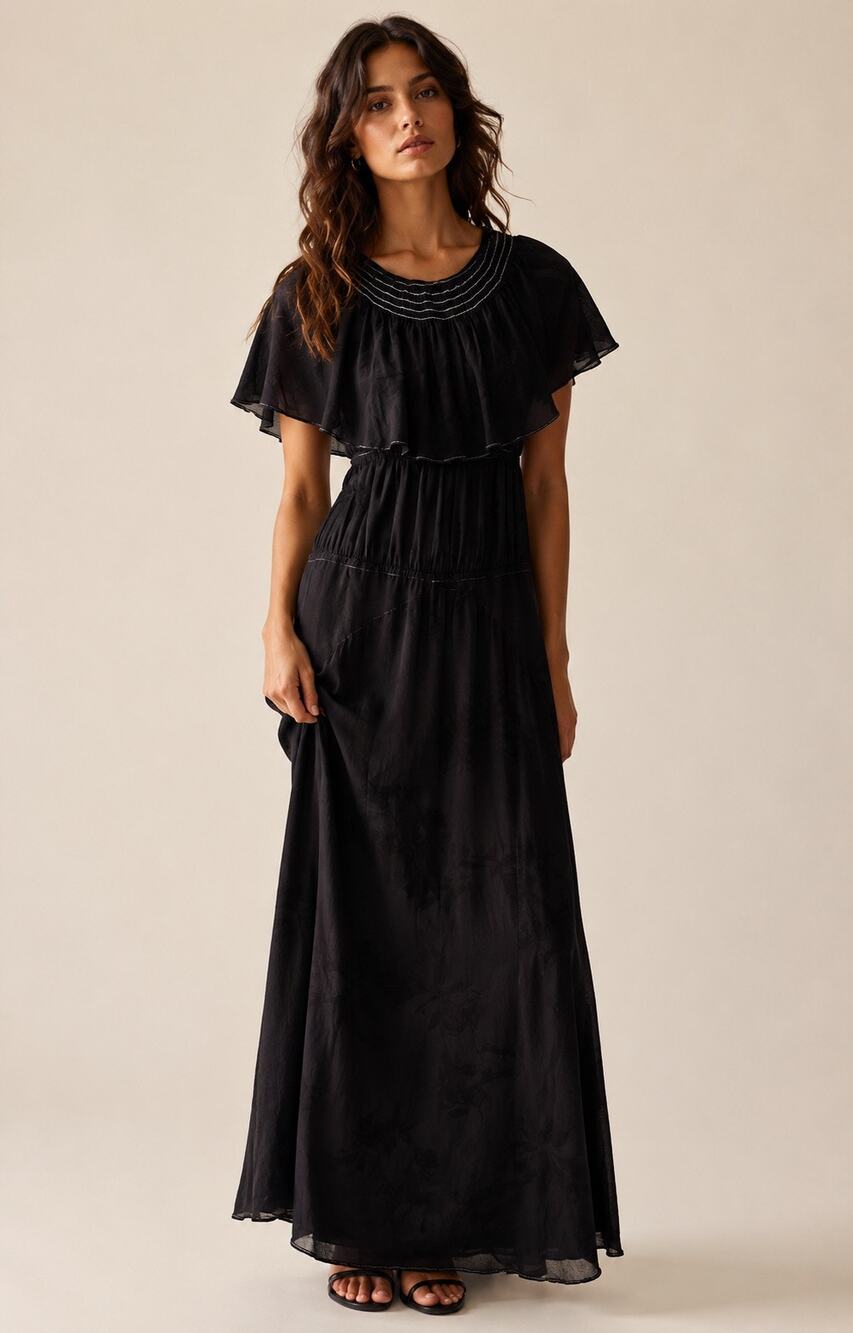 Flynn Skye Black Maxi Dress | Boho Romantic Flutter Cape Overlay | Size S